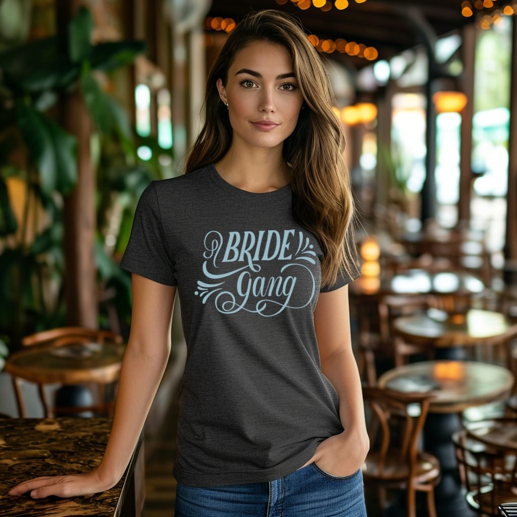 Bride Gang Bachelorette Shirt - Model - Restaurant Patio